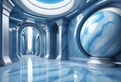The primary subject of the image is a large, blue, marbled sphere, which is the main object of focus. The setting is a hallway with a blue and white marbled design, giving the space a unique and elegant appearance. The visual style of the image is digital art, as it is a computer-generated representation of the marbled sphere. The colors and mood of the image are predominantly blue and white, creating a serene and calming atmosphere.