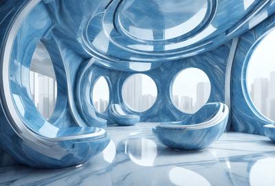 The primary subject of the image is a futuristic, blue-toned room with a large, circular window. The room features a variety of blue chairs and bowls, creating a visually striking and unique atmosphere. The setting appears to be a modern, urban environment, with a city visible in the background. The visual style of the image is a combination of digital art and illustration, giving it a futuristic and artistic appearance. The dominant colors in the scene are blue, which is prevalent in the chairs
