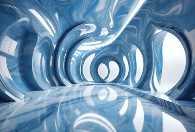 The primary subject of the image is a large, curved, blue tunnel. The setting is a futuristic environment, with the tunnel being the main focus of the scene. The visual style is a combination of photo and digital art, creating a unique and intriguing atmosphere. The dominant colors are blue and white, with the blue tunnel being the most prominent feature in the image.