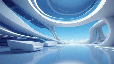 The primary subject of the image is a futuristic, white, curved building with a blue sky in the background. The setting is a large, open space with a few chairs placed around the area. The visual style is digital art, and the colors and mood are predominantly blue and white, creating a sense of calmness and modernity.