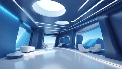 The primary subject of the image is a futuristic room with a blue and white color scheme. The room features a large circular window, a couch, and a chair. The setting is a futuristic space, possibly a hotel room, with a blue and white color scheme. The visual style is digital art, as the room appears to be a computer-generated environment. The colors and mood of the room are bright and futuristic, creating a sense of modernity and innovation.