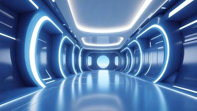 The primary subject of the image is a long, narrow hallway with a blue color scheme. The setting is a futuristic environment, possibly a space station or a high-tech building. The visual style is digital art, as the hallway appears to be a computer-generated or digitally rendered scene. The colors and mood of the image are predominantly blue, giving it a calm and futuristic atmosphere.