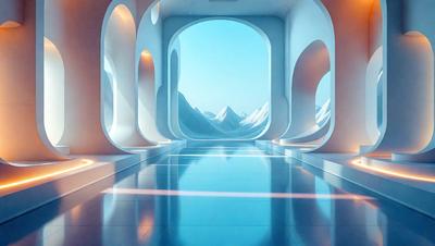 The primary subject of the image is a long, narrow hallway with a blue floor. The setting is a futuristic environment, possibly a space station or a futuristic building. The visual style is digital art, as the hallway appears to be a digital rendering. The colors and mood of the image are predominantly blue, giving it a calm and serene atmosphere.
