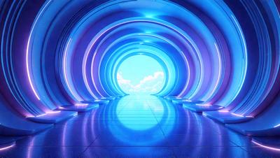 The primary subject of the image is a tunnel with a blue light illuminating it. The tunnel appears to be a futuristic, high-tech structure, possibly a part of a space station or a transportation system. The setting is a space-like environment, with the tunnel being the main focus of the scene. The visual style of the image is a combination of futuristic design and digital art, creating a unique and captivating atmosphere. The dominant colors in the image are blue and purple, which contribute to the overall