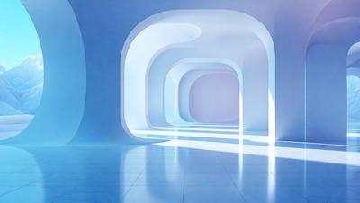 The primary subject of the image is a long, narrow hallway with a blue color scheme. The hallway is illuminated by sunlight, creating a bright and inviting atmosphere. The setting is a white building, and the visual style appears to be a photo. The dominant colors are blue and white, with the blue walls and white surfaces creating a cohesive and visually appealing environment.
