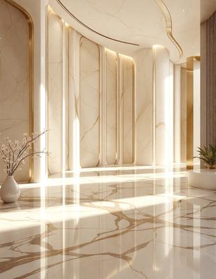 The primary subject of the image is a large, white marble hallway with a high ceiling. The setting is a luxurious, well-lit space, possibly in a mansion or a high-end hotel. The visual style is a realistic, high-quality photograph. The colors and mood of the scene are predominantly white, giving it a clean, elegant, and sophisticated atmosphere.