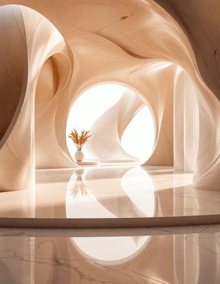 The primary subject of the image is a vase with a plant in it, placed on a table. The setting is a room with a marble countertop and a marble wall. The visual style is a combination of photo and digital art, creating a realistic yet artistic representation of the scene. The colors and mood are predominantly neutral, with the marble surfaces adding a touch of elegance and sophistication to the overall atmosphere.