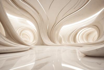 The primary subject of the image is a large, white, curved wall with a marble finish. The setting is a room with a white marble floor, and the visual style appears to be a combination of a photo and digital art. The colors and mood of the image are predominantly white, giving it a clean and minimalist appearance.