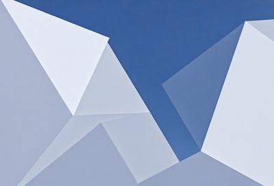 The primary subject of the image is a white triangle, which is the main object, scene, or focus of the image. The setting or background is a blue sky, and the visual style appears to be a digital art or illustration. The dominant colors are white and blue, creating a clean and calm atmosphere.