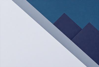 The primary subject of the image is a white wall with a blue triangle on it. The setting is a room with a blue background. The visual style is a combination of digital art and illustration. The dominant colors are white and blue, creating a calm and soothing atmosphere.