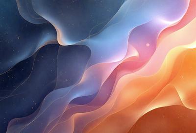 The primary subject of the image is a colorful, abstract design featuring a mix of blue, orange, and pink hues. The setting is a space-like environment, with a backdrop of stars and a surface that appears to be a swirling, flowing pattern. The visual style is a combination of digital art and illustration, creating a vibrant and dynamic atmosphere. The colors and mood of the image are lively and energetic, with the blue, orange, and pink hues evoking a