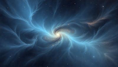 The primary subject of the image is a spiral galaxy, which is a large, swirling mass of stars and gas. The galaxy is surrounded by a blue background, which adds to the overall atmosphere of the image. The visual style of the image is a combination of digital art and illustration, creating a unique and captivating representation of the spiral galaxy. The colors and mood of the image are predominantly blue, which gives the impression of a vast, expansive space filled with stars.
