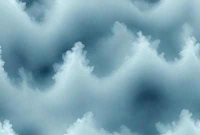 The primary subject of the image is a cloudy blue sky with a pattern of white clouds. The setting is a vast, open sky, and the visual style is a combination of photo and digital art. The colors are predominantly blue and white, creating a calm and serene atmosphere.