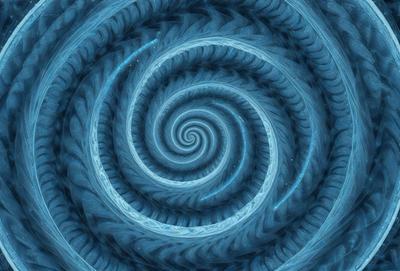 The primary subject of the image is a spiral pattern, which is the main object, scene, or focus of the image. The spiral pattern is set against a blue background, giving it a vibrant and lively appearance. The visual style of the image is digital art, as it is a computer-generated design. The dominant colors in the image are blue and white, creating a sense of depth and contrast.