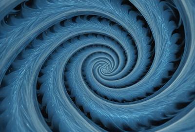 The primary subject of the image is a spiral pattern, which is a blue and white design. The setting is a blue background, and the visual style appears to be a digital art or illustration. The colors and mood of the image are predominantly blue and white, creating a calm and serene atmosphere.