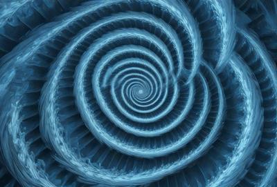 The primary subject of the image is a spiral pattern, which is the main object, scene, or focus of the image. The spiral pattern is set against a blue background, creating a visually striking contrast. The spiral pattern is a digital art piece, showcasing the artist's skill in creating intricate designs. The overall atmosphere of the image is one of depth and complexity, with the spiral pattern serving as a captivating visual element.