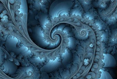 The primary subject of the image is a blue spiral pattern, which is the main object, scene, or focus of the image. The setting or background features a blue and white swirl pattern, which adds to the visual style of the image. The overall atmosphere is one of intricate and artistic design, with the blue and white colors creating a sense of depth and complexity.