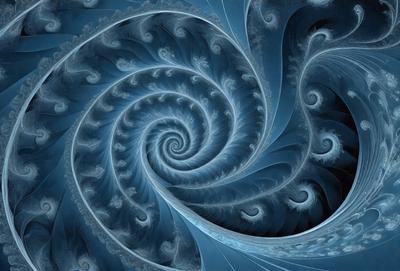 The primary subject of the image is a spiral pattern, which is the main object, scene, or focus of the image. The setting or background features a blue and white color scheme, giving the image a vibrant and lively atmosphere. The visual style of the image is a combination of digital art and illustration, creating a unique and eye-catching design. The colors and mood of the image are predominantly blue and white, with a touch of green, giving it a calming and serene appearance.