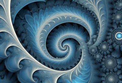 The primary subject of the image is a spiral pattern, which is the main object, scene, or focus of the image. The spiral pattern is set against a blue background, creating a visually striking contrast. The spiral pattern is a digital art piece, showcasing the artist's skill in creating intricate designs. The overall atmosphere of the image is one of beauty and complexity, with the blue color evoking a sense of calmness and tranquility.