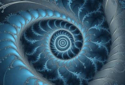 The primary subject of the image is a spiral pattern, which is the main object, scene, or focus of the image. The setting or background features a blue and white color scheme, giving the image a vibrant and lively atmosphere. The visual style of the image is a combination of photo and digital art, creating a unique and intricate design. The colors and mood of the image are predominantly blue and white, with a sense of depth and complexity.