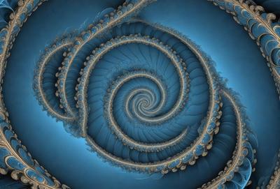 The primary subject of the image is a spiral pattern, which is the main object, scene, or focus of the image. The spiral pattern is set against a blue background, creating a visually striking contrast. The spiral pattern is a digital art piece, showcasing the artist's skill in creating intricate and detailed designs. The overall atmosphere of the image is one of beauty and complexity, with the spiral pattern serving as the central point of interest.