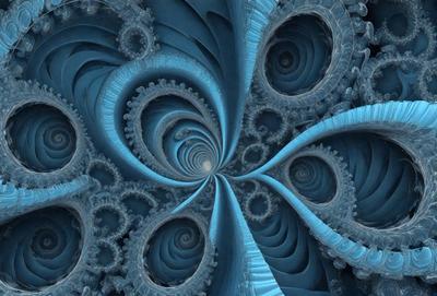 The primary subject of the image is a blue spiral pattern, which appears to be a digital art or illustration. The setting is a blue background, and the visual style is a combination of photo and digital art. The colors and mood of the image are predominantly blue, creating a calm and serene atmosphere.
