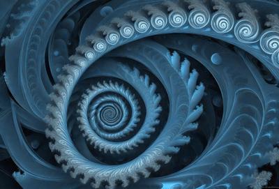 The primary subject of the image is a spiral pattern, which is a blue and white design. The setting is a blue background, and the visual style appears to be a digital art or illustration. The colors and mood of the image are predominantly blue and white, creating a calm and serene atmosphere.