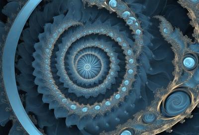 The primary subject of the image is a spiral pattern, which is the main object, scene, or focus of the image. The spiral pattern is set against a blue background, giving it a vibrant and lively appearance. The visual style of the image is a combination of photo and digital art, creating a unique and intricate design. The dominant colors in the image are blue and white, which contribute to the overall atmosphere of the spiral pattern.