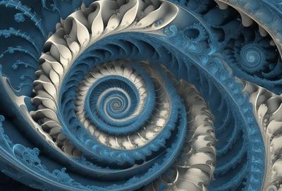 The primary subject of the image is a spiral design, which is the main object, scene, or focus of the image. The spiral is blue and white, and it is set against a blue background. The visual style of the image is digital art, as it appears to be a digital illustration or drawing. The colors and mood of the image are predominantly blue and white, creating a calm and serene atmosphere.