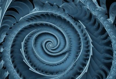 The primary subject of the image is a spiral pattern, which is the main object, scene, or focus of the image. The setting or background features a blue surface, which adds to the overall atmosphere. The visual style of the image is a combination of photo and digital art, creating a unique and intricate design. The colors and mood of the image are predominantly blue, giving it a calm and serene appearance.
