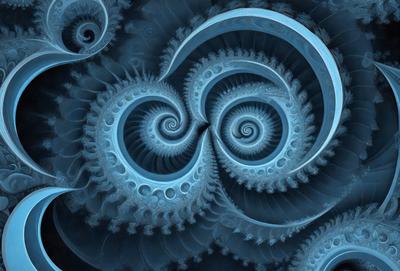 The primary subject of the image is a spiral pattern, which is a blue and white design. The setting is a blue background, and the visual style appears to be a digital art or illustration. The colors and mood of the image are predominantly blue and white, creating a calm and serene atmosphere.