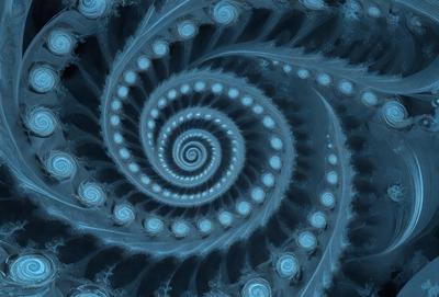 The primary subject of the image is a spiral pattern, which is the main object, scene, or focus of the image. The spiral pattern is set against a blue background, creating a visually striking contrast. The spiral pattern is a digital art piece, showcasing the artist's skill in creating intricate designs. The overall atmosphere of the image is one of beauty and complexity, with the blue color adding a sense of calmness and tranquility.
