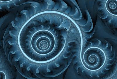 The primary subject of the image is a spiral pattern, which is the main object, scene, or focus of the image. The setting or background features a blue surface, which adds to the overall atmosphere. The visual style of the image is digital art, as it is a digital illustration or drawing. The dominant colors in the image are blue and white, creating a calm and serene mood.