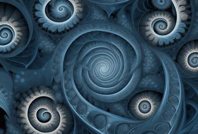 The primary subject of the image is a spiral pattern, which is the main object, scene, or focus of the image. The spiral pattern is set against a blue background, giving it a vibrant and lively appearance. The visual style of the image is digital art, as it is a computer-generated design. The dominant colors in the image are blue and white, creating a sense of depth and contrast. The overall atmosphere of the image is dynamic and engaging, with the spiral pattern serving as the central point of interest