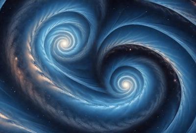 The primary subject of the image is a swirling, blue, and white pattern that resembles a galaxy or a spiral. The setting is a dark, starry background, which adds to the overall mood of the image. The visual style is a combination of digital art and illustration, creating a unique and captivating representation of the galaxy or spiral. The colors and mood convey a sense of depth, mystery, and wonder, as the viewer is drawn into the intricate and mesmerizing design