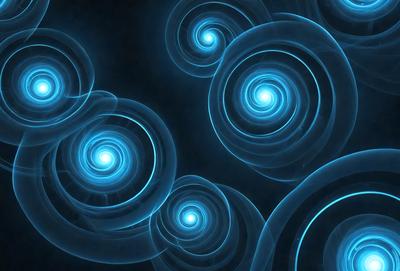 The primary subject of the image is a series of swirling blue patterns or spirals. These spirals are arranged in a circular pattern, creating a visually striking and dynamic composition. The setting or background of the image is a dark blue or black background, which contrasts with the bright blue spirals, emphasizing their vibrant colors. The visual style of the image is a combination of digital art and illustration, as the spirals are intricately designed and the overall composition is well-executed. The colors and m