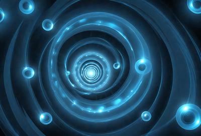 The primary subject of the image is a blue spiral, which appears to be a digital art or illustration. The setting is a dark background, and the visual style is a combination of a photo and digital art. The dominant colors are blue and purple, creating a calming and serene atmosphere.