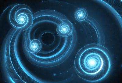 The primary subject of the image is a blue spiral pattern, which is the main object, scene, or focus of the image. The setting or background features a dark blue space, which adds to the overall atmosphere. The visual style of the image is digital art, as it appears to be a digital illustration or drawing. The dominant colors in the image are blue and black, creating a sense of depth and intrigue.