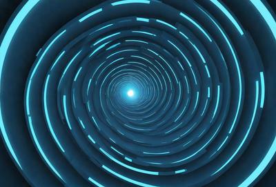 The primary subject of the image is a tunnel-like structure with a blue light illuminating it. The tunnel appears to be a part of a larger, more complex structure. The setting is a futuristic environment, possibly a space station or a high-tech facility. The visual style is a combination of digital art and illustration, creating a unique and captivating atmosphere. The dominant colors are blue and white, giving the scene a sense of depth and sophistication.