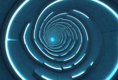 The primary subject of the image is a spiral tunnel with a blue light illuminating it. The tunnel appears to be made of concrete and has a futuristic, space-like atmosphere. The setting is a dark, enclosed space, and the visual style is a combination of a photo and digital art. The dominant colors are blue and white, creating a sense of depth and intrigue.