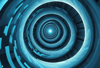 The primary subject of the image is a spiral staircase, which is a part of a blue and white spiral. The setting is a blue and white spiral, and the visual style is digital art. The colors and mood of the image are predominantly blue and white, creating a sense of depth and intricacy.