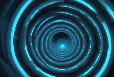 The primary subject of the image is a spiral-shaped tunnel with a blue light illuminating it. The tunnel appears to be made of wood and has a futuristic, otherworldly atmosphere. The setting is a dark, enclosed space, and the visual style is a combination of digital art and illustration. The dominant colors are blue and black, creating a sense of depth and mystery in the scene.