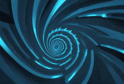 The primary subject of the image is a spiral-shaped tunnel or tunnel-like structure, which appears to be a part of a futuristic cityscape. The setting is a dark, blue-toned environment, which adds to the overall mood of the image. The visual style of the image is a combination of digital art and illustration, creating a unique and intriguing scene. The dominant colors in the image are blue and purple, which contribute to the futuristic and mysterious atmosphere.