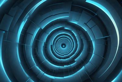 The primary subject of the image is a spiral-shaped tunnel with a blue lighting effect. The tunnel appears to be made of metal, giving it a futuristic and modern appearance. The setting is a dark, blue-lit environment, which adds to the overall mood of the image. The visual style is a combination of digital art and illustration, creating a unique and captivating scene.