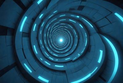 The primary subject of the image is a blue spiral, which appears to be a futuristic or space-themed design. The setting is a dark, blue environment, which adds to the overall mood of the image. The visual style is a combination of digital art and illustration, creating a unique and captivating scene. The colors and mood of the image are predominantly blue, giving it a calm and serene atmosphere.