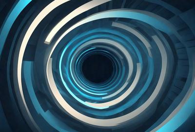 The primary subject of the image is a spiral staircase with a black hole at the bottom. The staircase is made of metal and has a blue color scheme. The setting is a dark, enclosed space, and the visual style is a combination of digital art and illustration. The colors and mood of the image are dark and mysterious, with the black hole adding a sense of depth and intrigue to the scene.