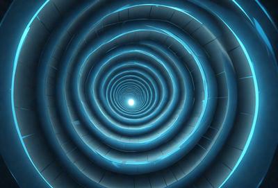 The primary subject of the image is a spiral tunnel, which is a large, curved tunnel. The setting is a futuristic environment, with the tunnel being illuminated by a blue light. The visual style is digital art, as the tunnel appears to be a 3D model or a computer-generated image. The dominant colors are blue and white, creating a sense of depth and futuristic atmosphere.