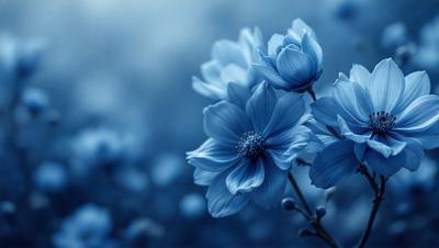 The primary subject of the image is a bouquet of blue flowers. The setting is a blue background, which creates a serene and calming atmosphere. The visual style is a close-up of the flowers, showcasing their beauty and details. The colors and mood of the image are predominantly blue, giving it a peaceful and tranquil feel.