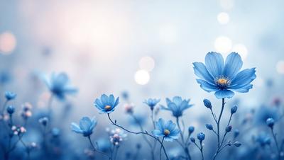 The primary subject of the image is a field of blue flowers, with a total of 13 flowers visible. The setting is a blue sky, which serves as the backdrop for the flowers. The visual style is a photo, capturing the beauty of the flowers in their natural environment. The colors and mood of the image are predominantly blue, creating a serene and calming atmosphere.