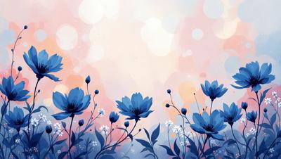The primary subject of the image is a field of blue flowers, with each flower having a white center. The setting is a sunny day, and the visual style is a watercolor painting. The colors and mood of the image are bright, cheerful, and serene, with the blue flowers and white centers creating a sense of calmness and beauty.